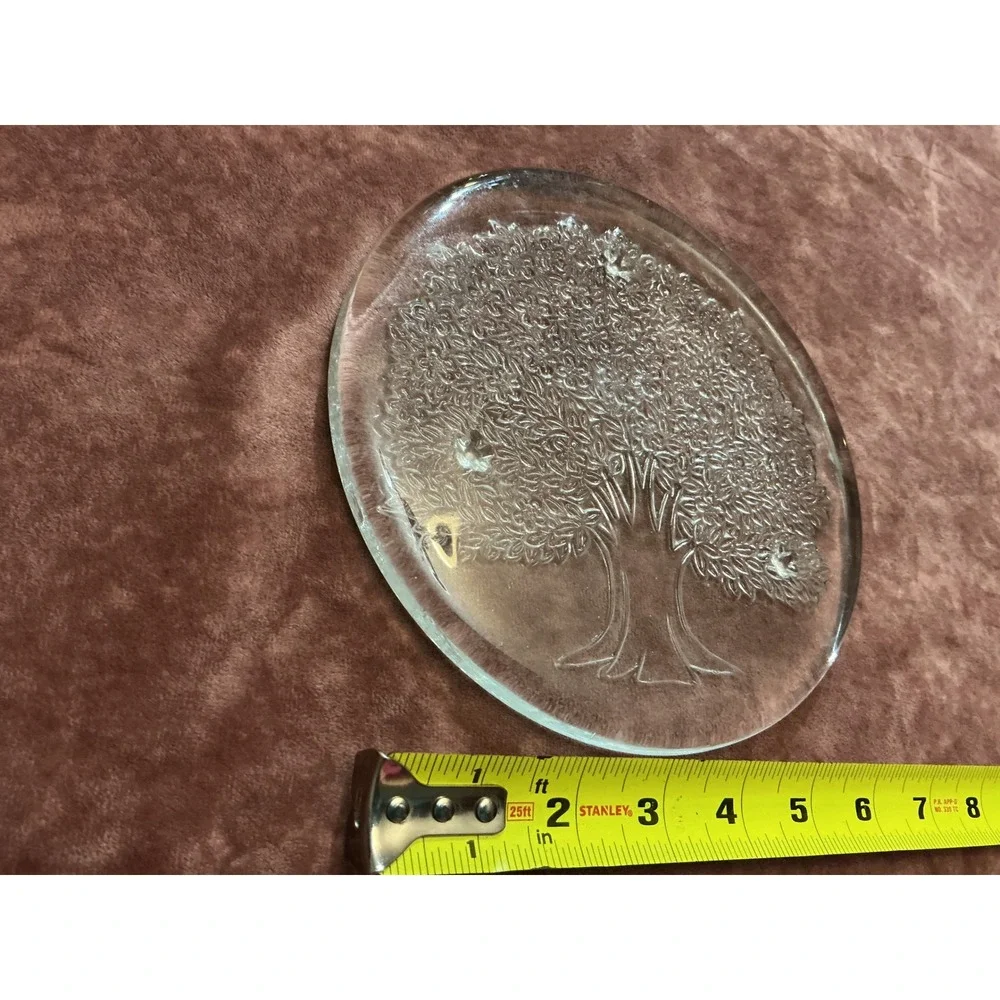 Vintage Clear Glass Tree of Life Round Serving Platter Trivet 7.5 Inch